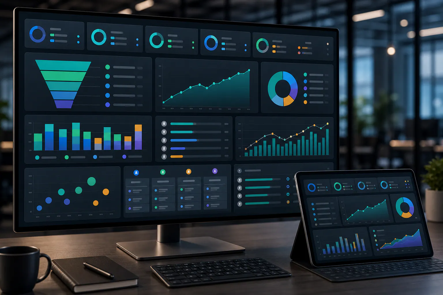 Dashboard de conversión de leads B2B con tasa de conversión, velocidad de respuesta, scoring, canal y oportunidades creadas