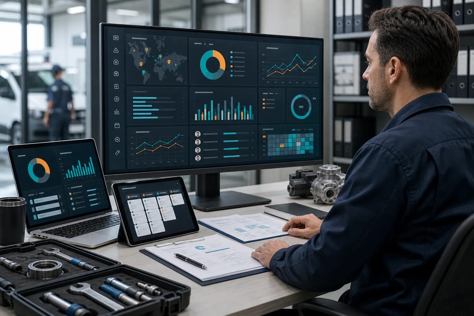 Dashboard de servicios técnicos con visitas, órdenes de trabajo, cotizaciones, técnicos, postventa y oportunidades recurrentes