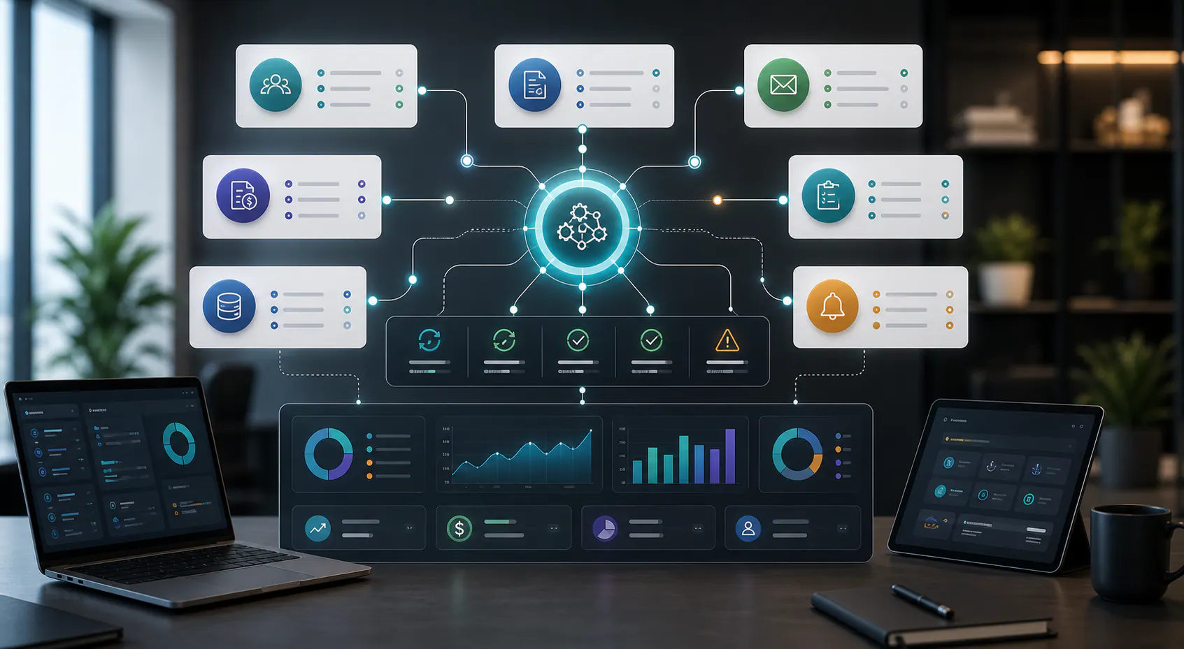 Ecosistema integrado de automatización comercial Ecosistema de automatización comercial integrado con CRM, formularios, email, cotizaciones, ERP, tareas e indicadores