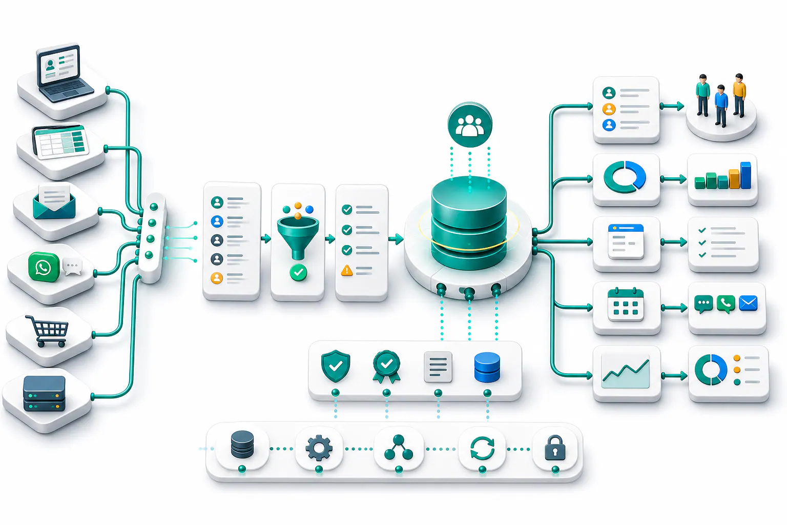 Flujo de centralización de datos comerciales Flujo para centralizar datos comerciales desde CRM, planillas, correos, WhatsApp, ecommerce y sistemas administrativos