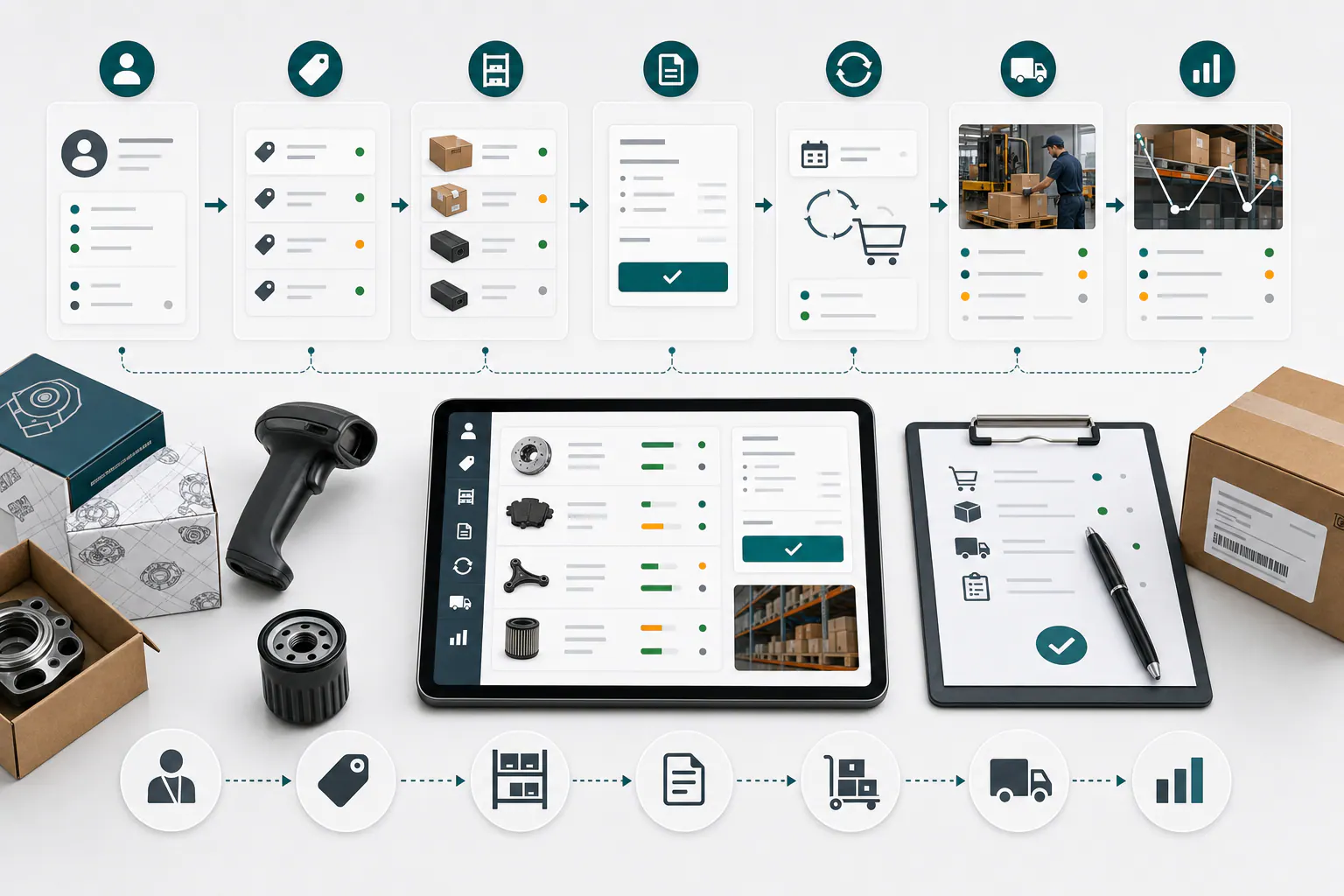 Flujo para distribuidores mayoristas B2B Flujo de distribución mayorista con cuenta cliente, precio por cliente, stock, cotización, pedido recurrente, despacho y reposición