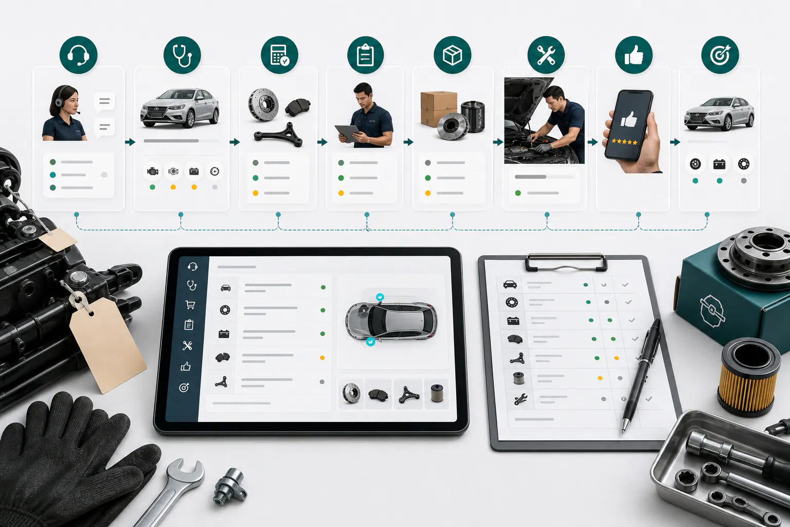 Flujo servicio técnico, orden de trabajo y postventa Flujo de servicio técnico con solicitud, diagnóstico, cotización, orden de trabajo, repuestos, ejecución, satisfacción y oportunidad comercial