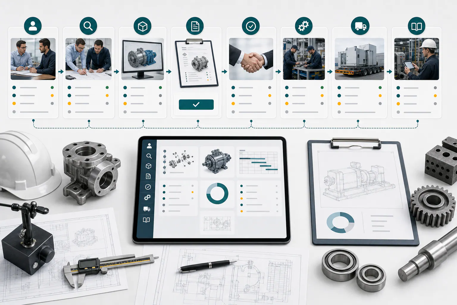 Flujo de ventas industriales B2B con cliente, requerimiento técnico, ingeniería, cotización, aprobación, operación y postventa