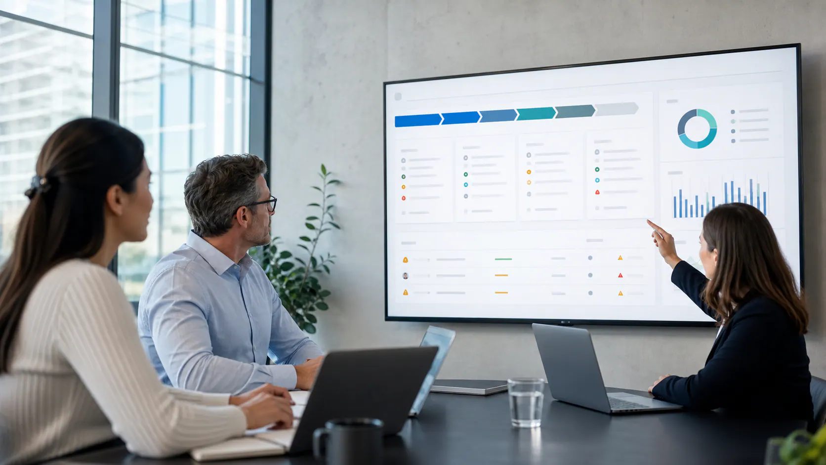 Equipo revisando oportunidades CRM, próximas acciones y alertas comerciales en un dashboard