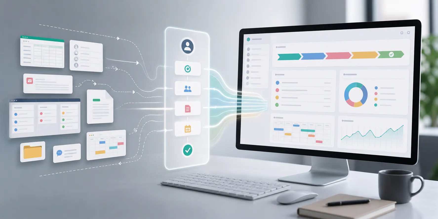 Integración del proceso comercial B2B Herramientas comerciales desconectadas convergiendo en un proceso comercial B2B integrado