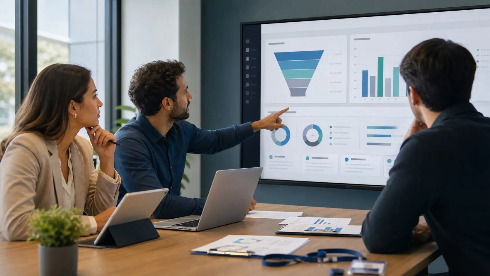 Calcular ROI de eventos con datos comerciales Equipo revisando el ROI de un evento en un dashboard comercial