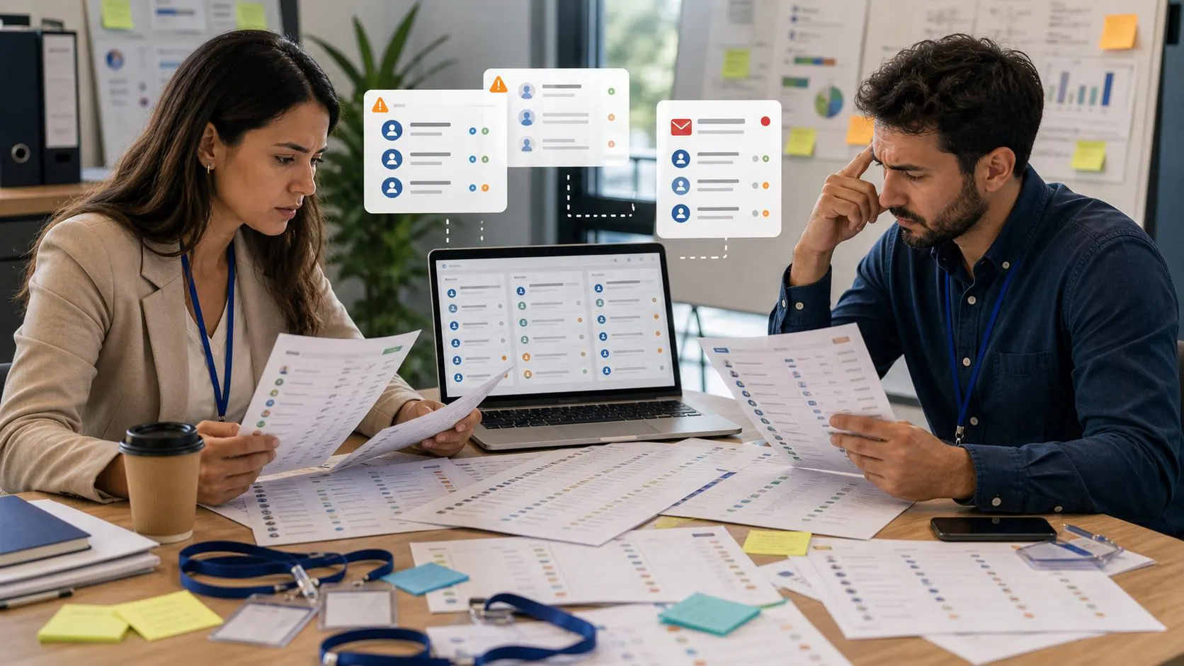 Calidad de datos para eventos y contactos Equipo revisando planillas duplicadas y datos incompletos de contactos para eventos