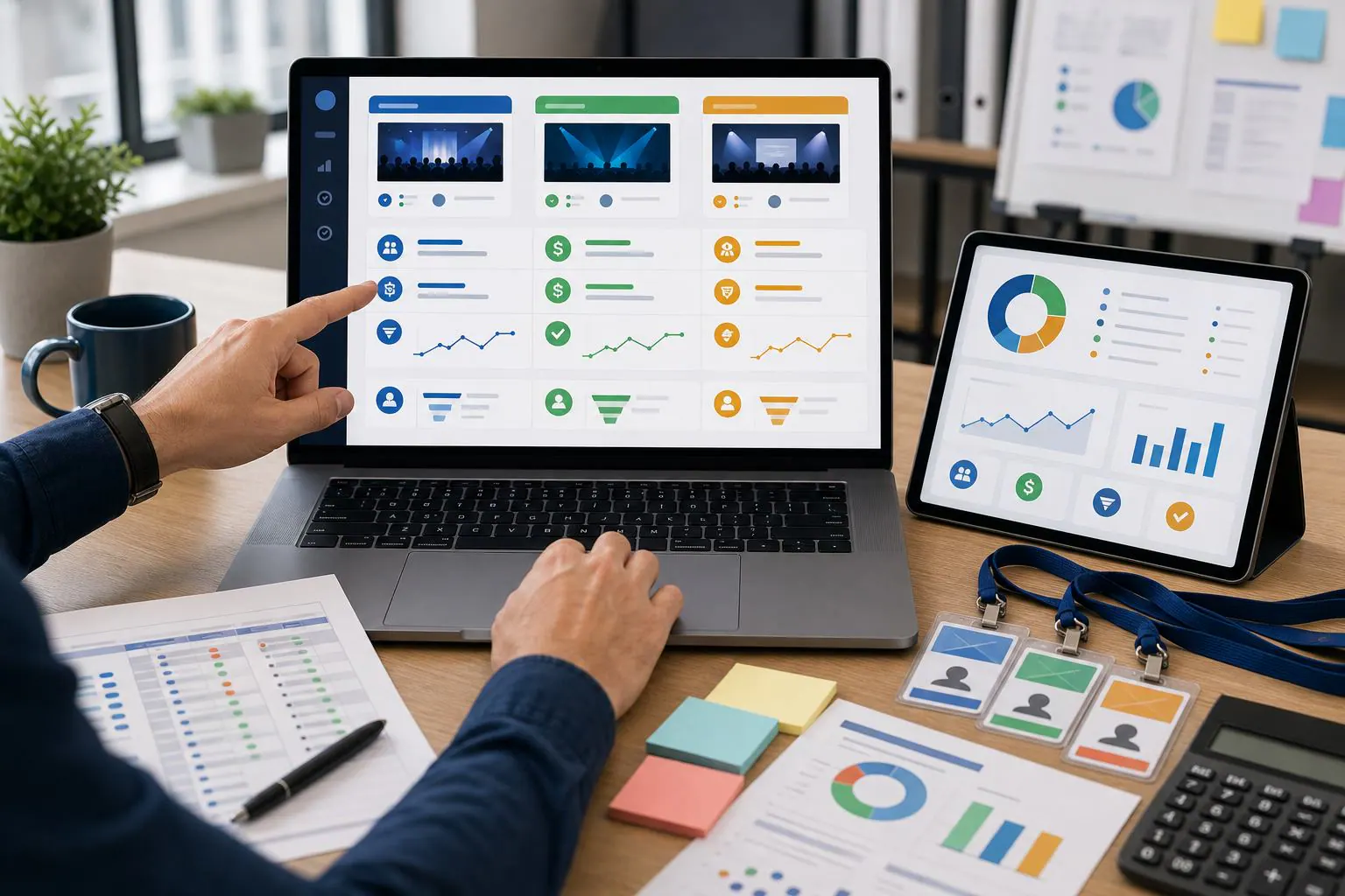 Comparacion de presupuesto y resultados entre eventos Panel comparando presupuesto resultados y oportunidades comerciales entre varios eventos