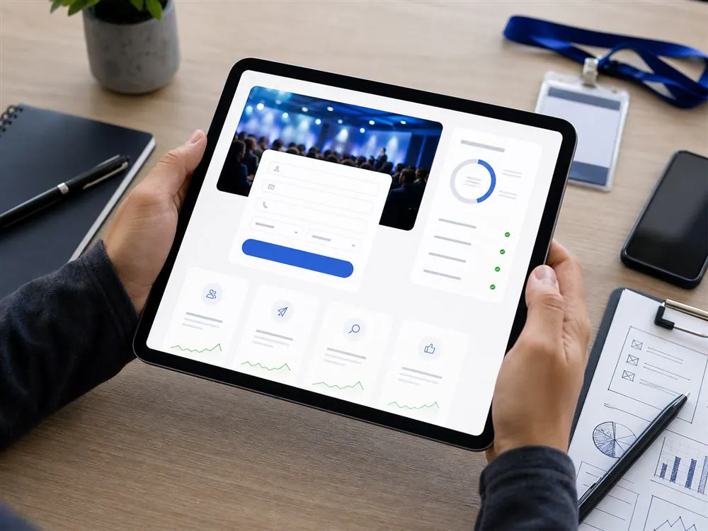 Landing de registro para captar leads de eventos Landing page de registro para eventos revisada en una tablet con formulario y metricas