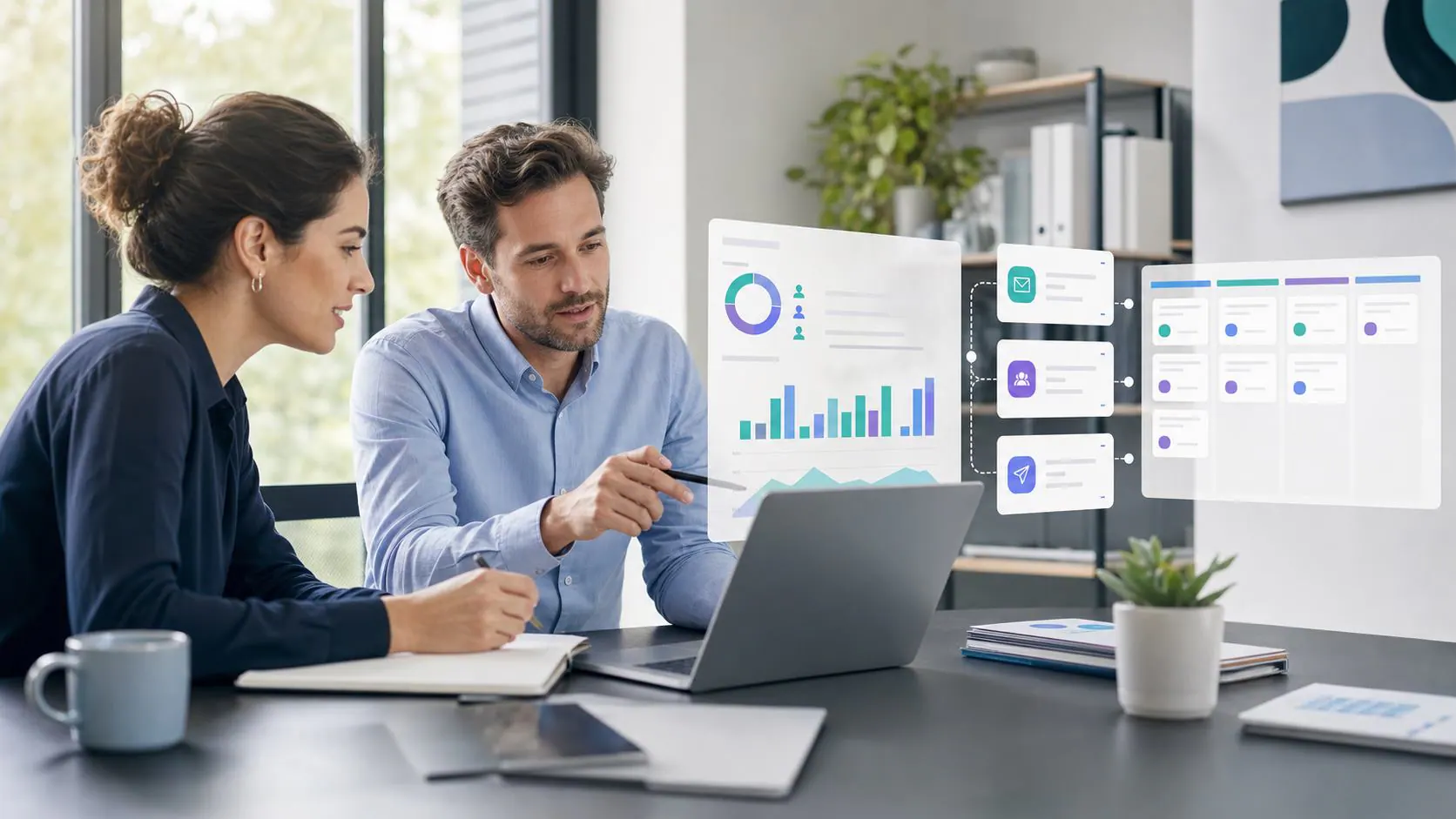 Seguimiento post evento para convertir asistentes en ventas Equipo revisando seguimiento post evento y oportunidades comerciales en un dashboard