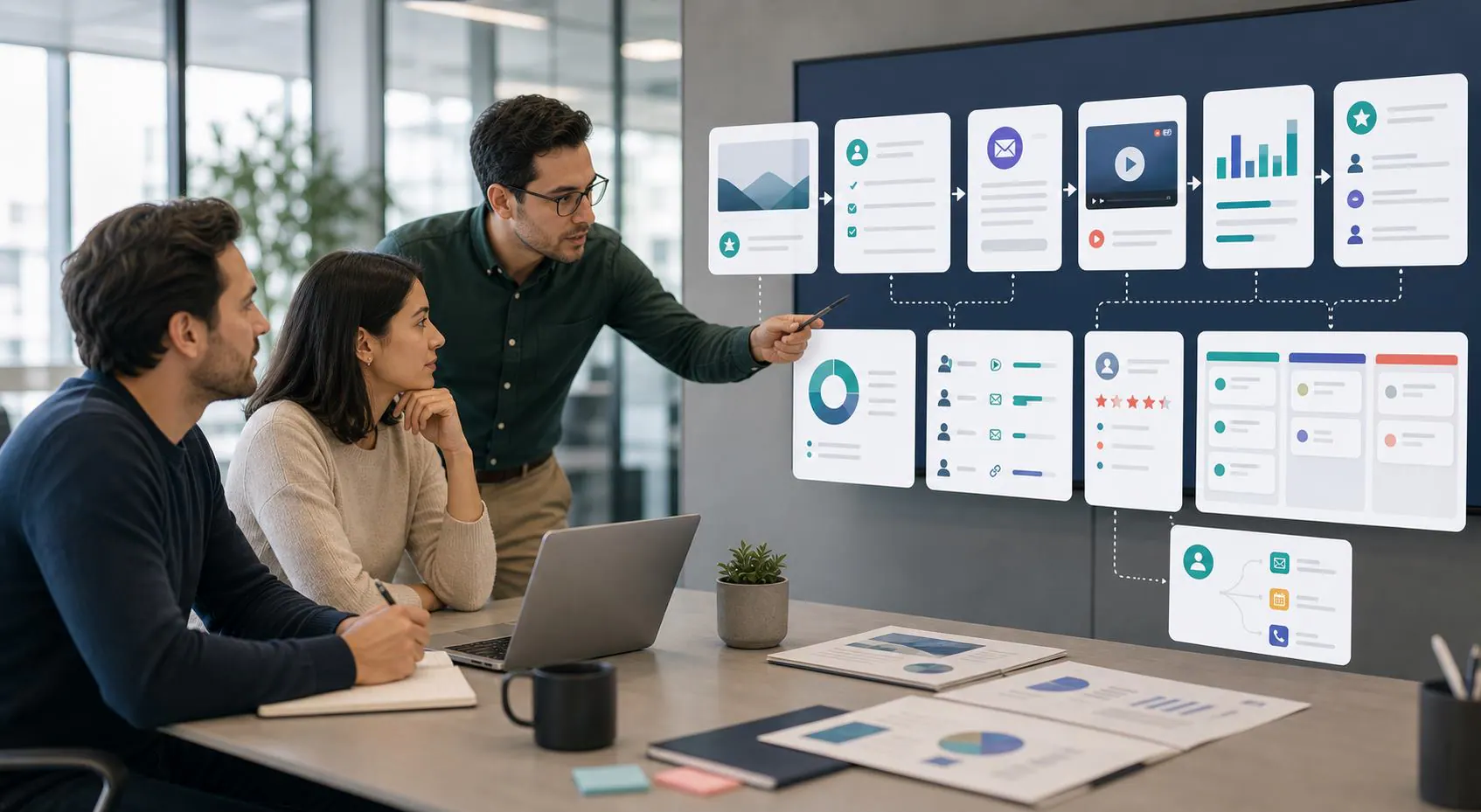 Webinars con leads clasificados y seguimiento de ventas Equipo de marketing y ventas revisando leads de webinars y seguimiento comercial